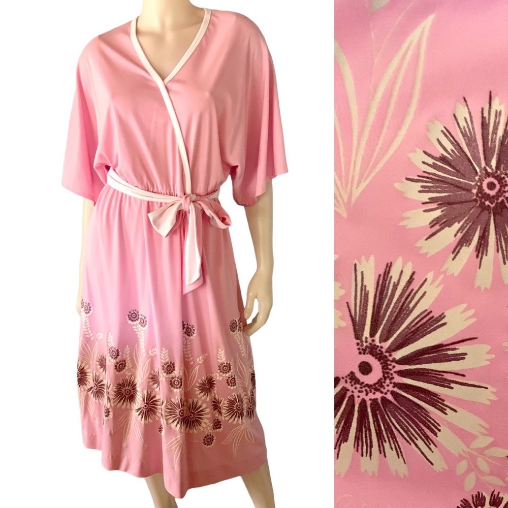 Vintage 70s Shaheen Faux Wrap Midi Dress Size 8 Ohe Ohe Print Pink White Daisy